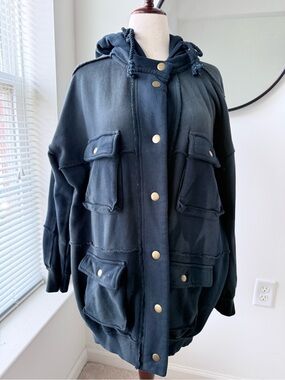 Free People You’re a Star Hoodie- Oversized Hooded Utility Jacket in Navy